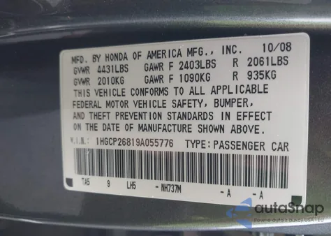 2009 Honda Accord 2.4 Ex-L z USA, uszkodzony, nr VIN 1HGCP26819A055776